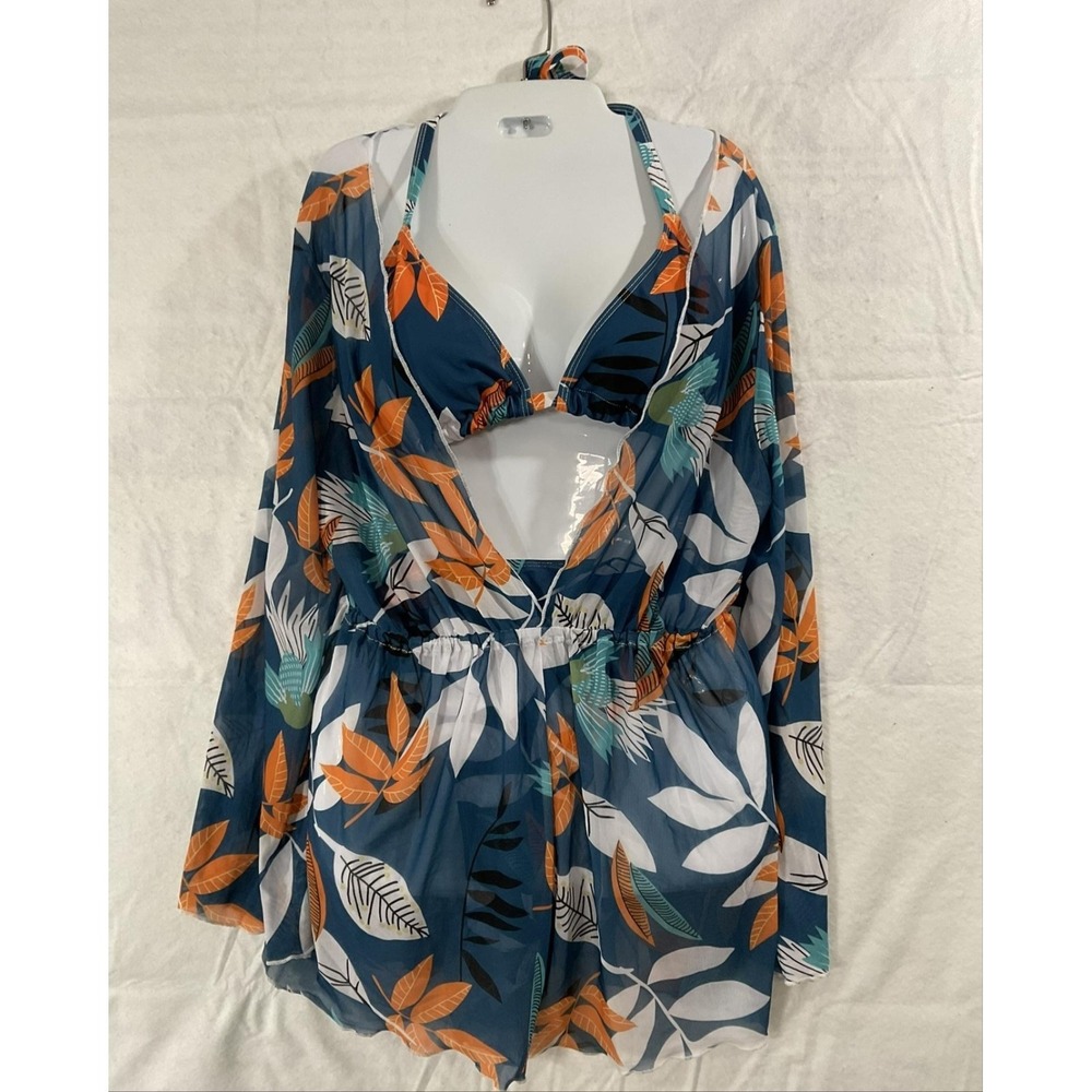 Bikini Set Womens 0XL Blue Tropical 3 Piece High Waist Sheer Cover Up Swim